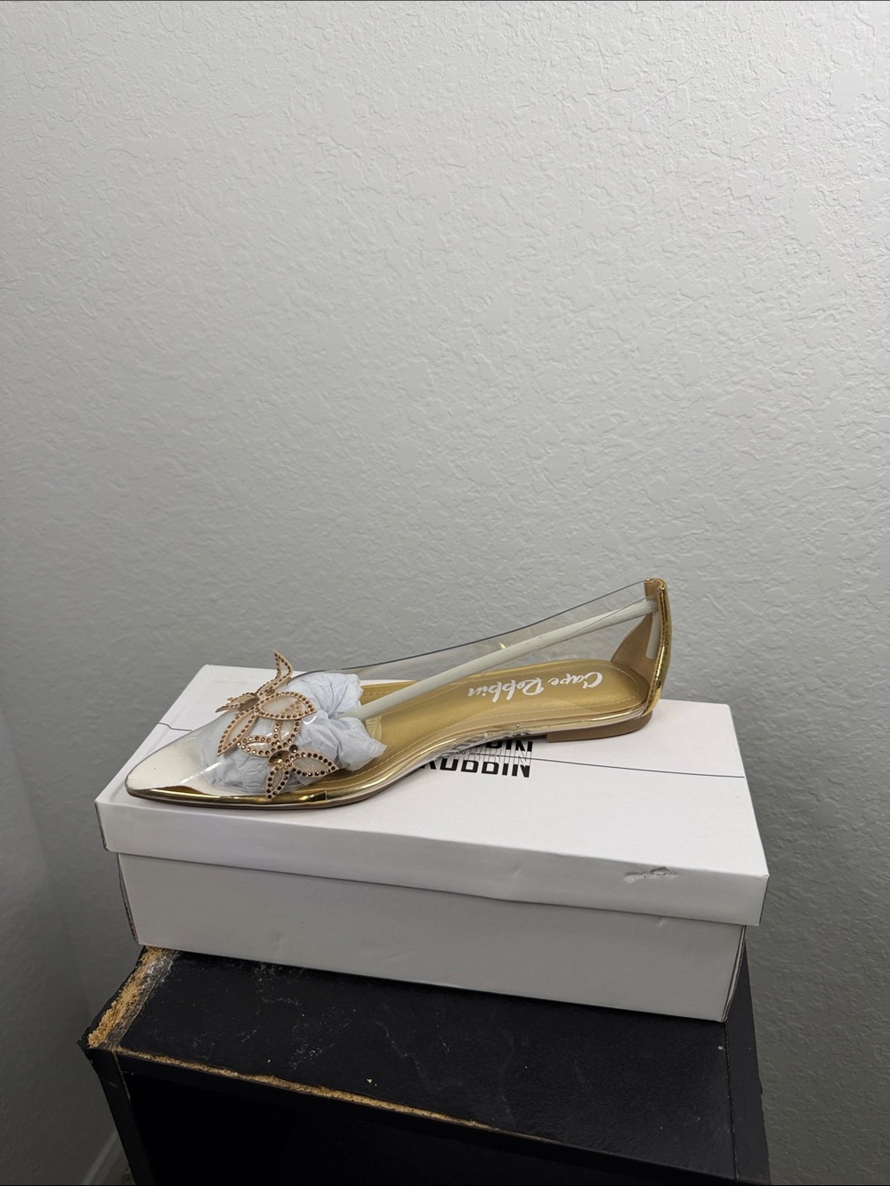 Cape Robbin Clear Pointed Toe Flats Gold Rhinestone Floral Accent Size 9 NIB